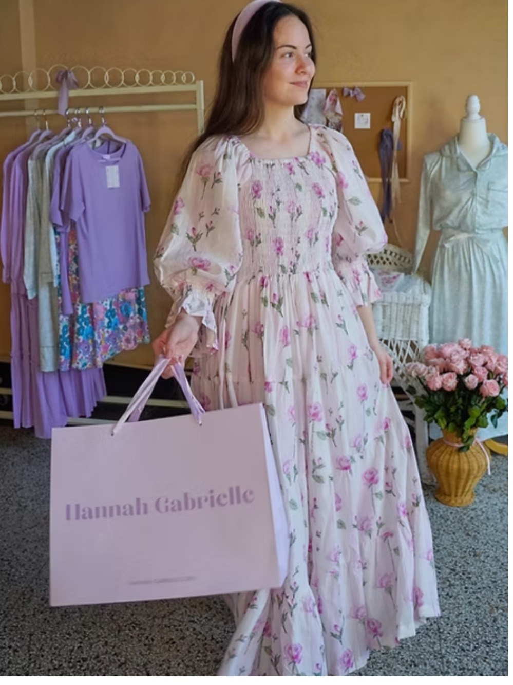 Floral Puff-Sleeve Maxi Dress in Soft Pink